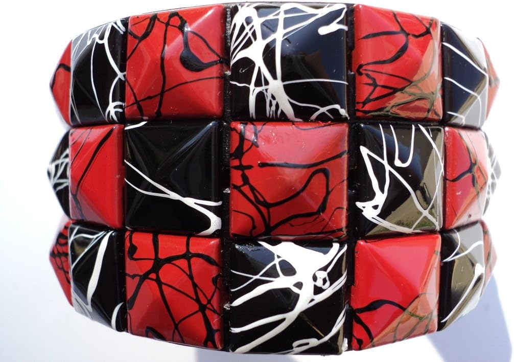 Red/Black Line Checkered Studded Black Leather Bracelet