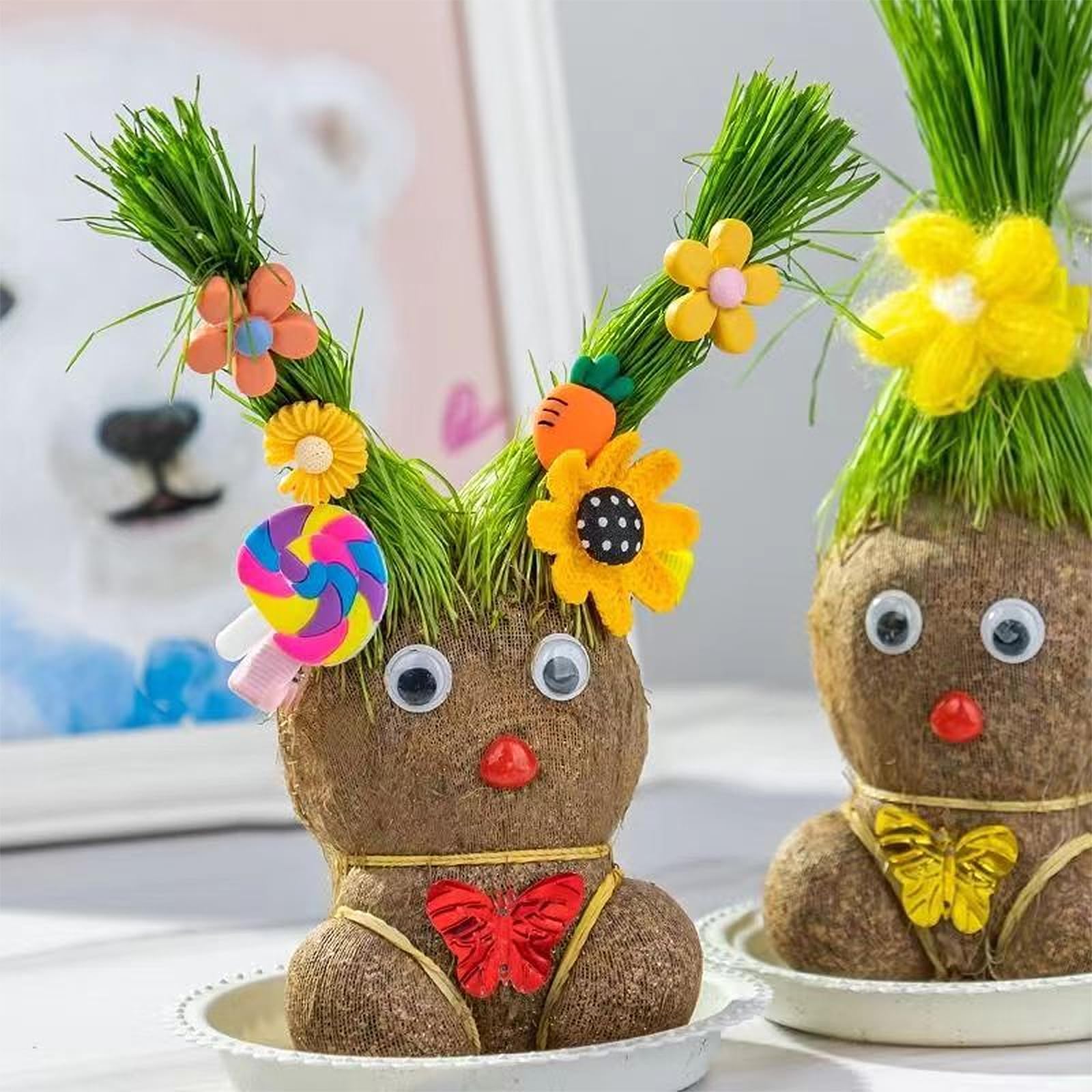 GmwyCzV 2 Piezas Planta de Muñeca con Cabeza de Hierba, Plantas Mesa Crecimiento con Bandeja, Maceta de Cabeza de Muñeca, Plantas en Maceta para Niños, Regalos de Crecimiento para Niños — view 3