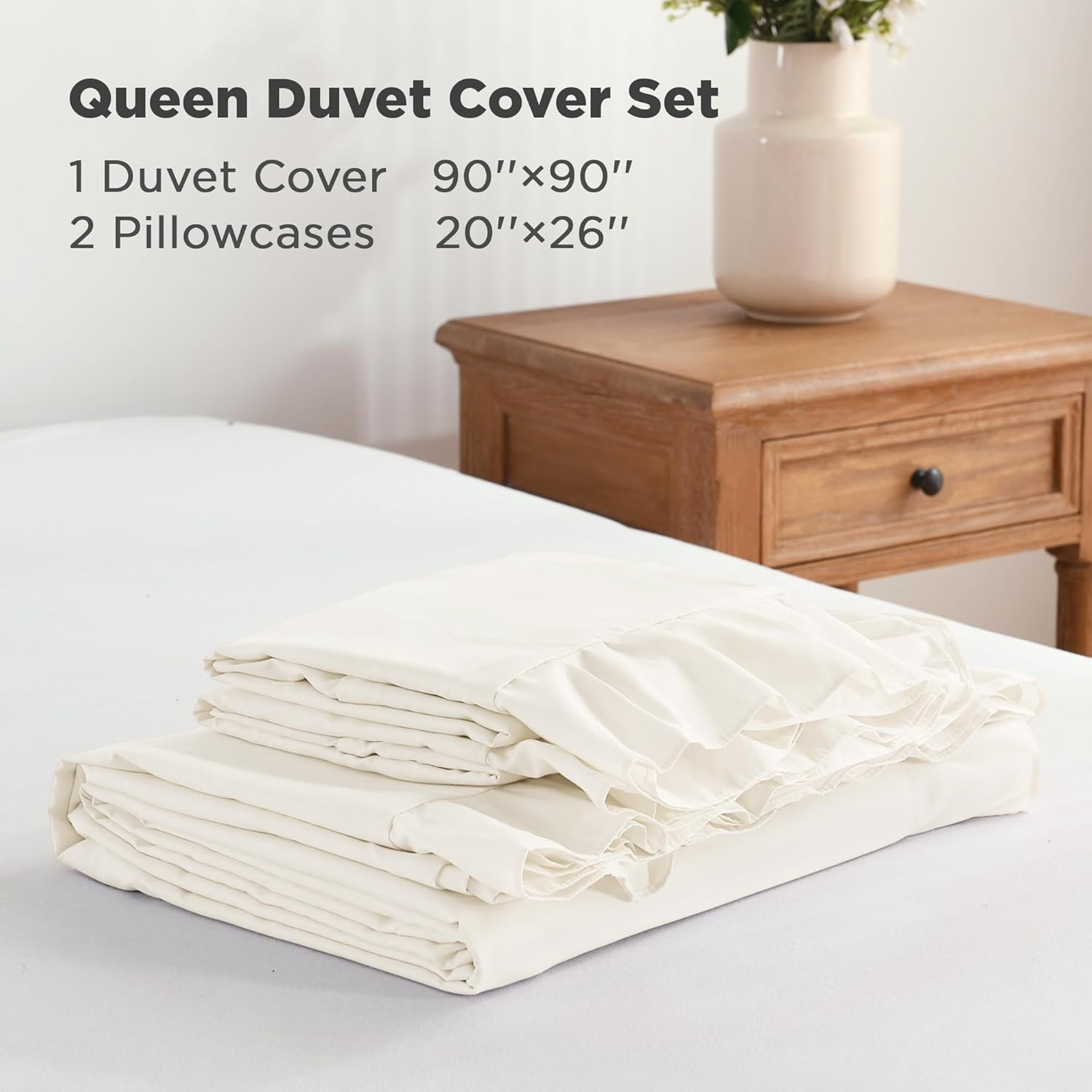 Andency Ivory Ruffle Duvet Cover Queen(90x90Inch), 3 Pieces Soft Washed Polyester Vintage Shabby Chic Farmhouse Ruffled Duvet Cover Set with Zipper Closure & Corner Ties