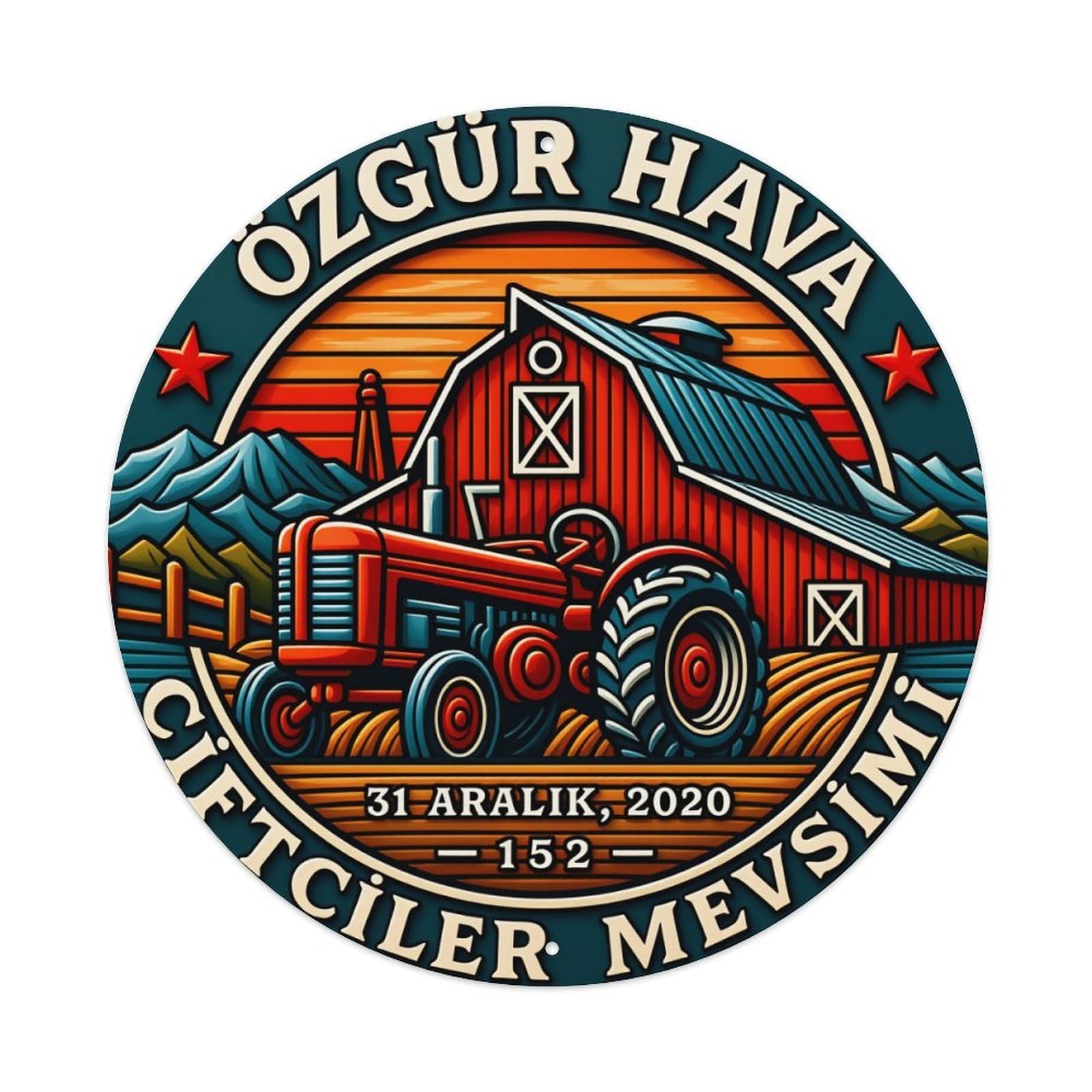Farm Tractor Barn Mountains Sky Round Tin Sign Vintage Metal Poster, Home Bar Garage Man Cave Cafe Indoor & Outdoor Wall Decoration 8x8Inches