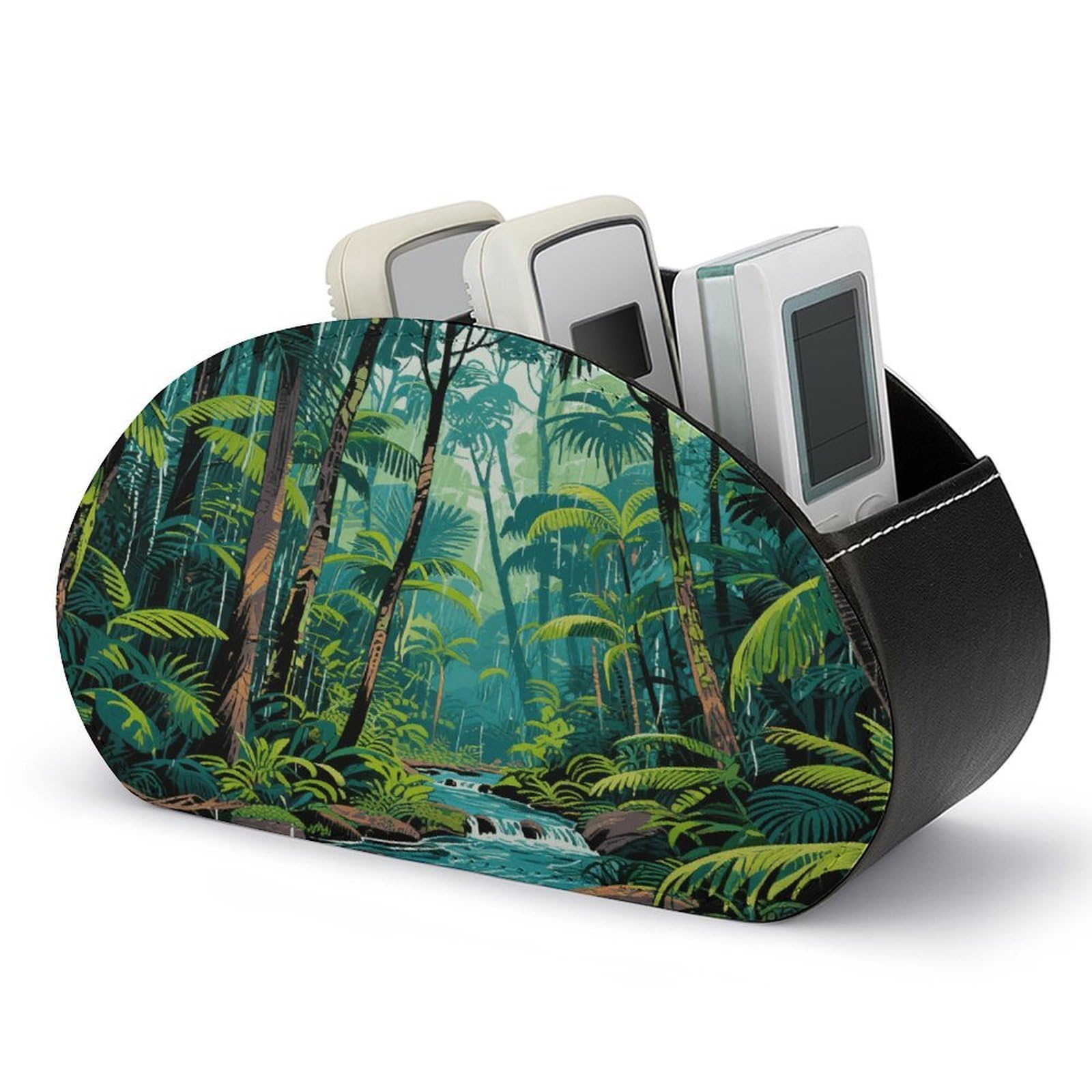 VstaDank Tropical Rainforest Remote Control Holder with 5 Compartments PU Leather Remote Caddy Desktop Organizer Store TV Remote Control Storage Box for Home Office Desk Nightstand