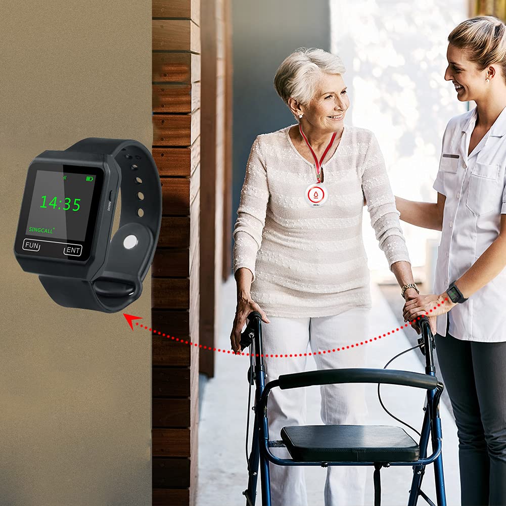 SINGCALL Wireless Caregiver Pager Smart Call System Nurse Calling Alert Patient Help System for Home,Elderly,Patient,Disabled Attention Pager 1 Mobile Receiver 2 Call Buttons