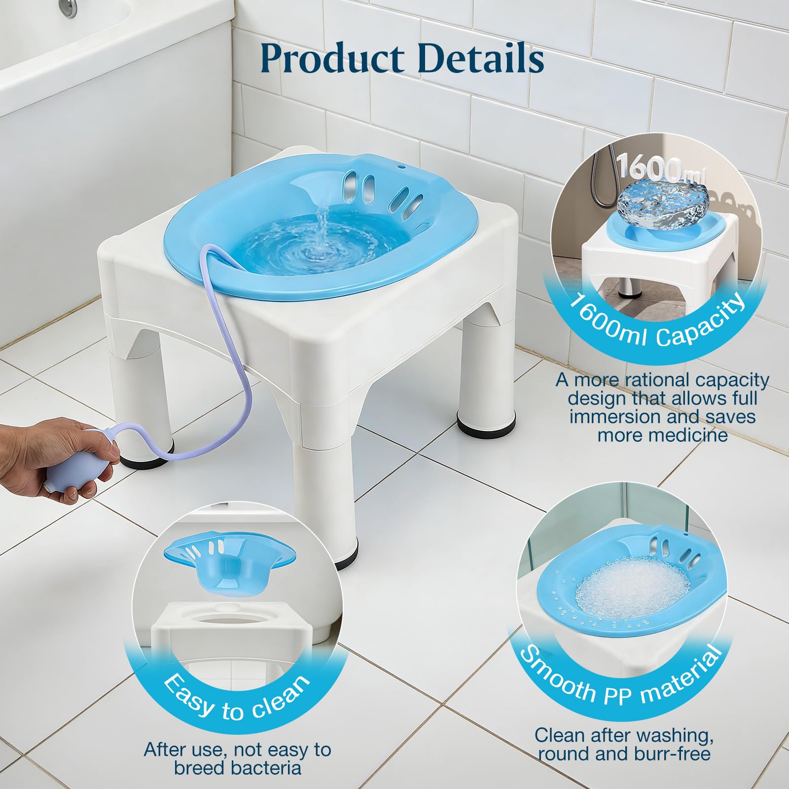 Bain de siège pour hémorroïdes – Baignoire d'assise portable adulte avec tabouret et fonction rinçage amovible, soin post-partum, compatible sel d'Epsom, pour un soulagement efficace à domicile