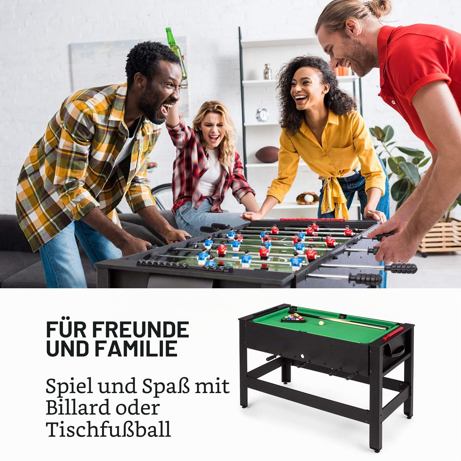 Klarfit Spin 2-in-1 Multifunktionstisch, Billardtisch 105 x 58 cm/grüne Bespannung, Tischkicker inklusive Spielzubehör, Spin-Funktion: drehbarer Tischl