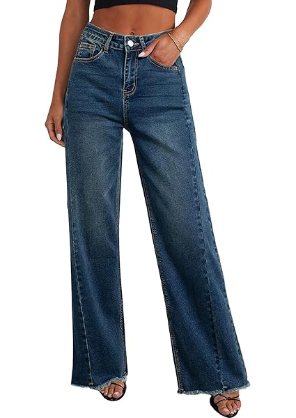 PRETTYGARDEN Wide Leg Jeans for Women Trendy 2025 High Waisted Stretchy Baggy Raw Hem Denim Palazzo Pants with Pockets