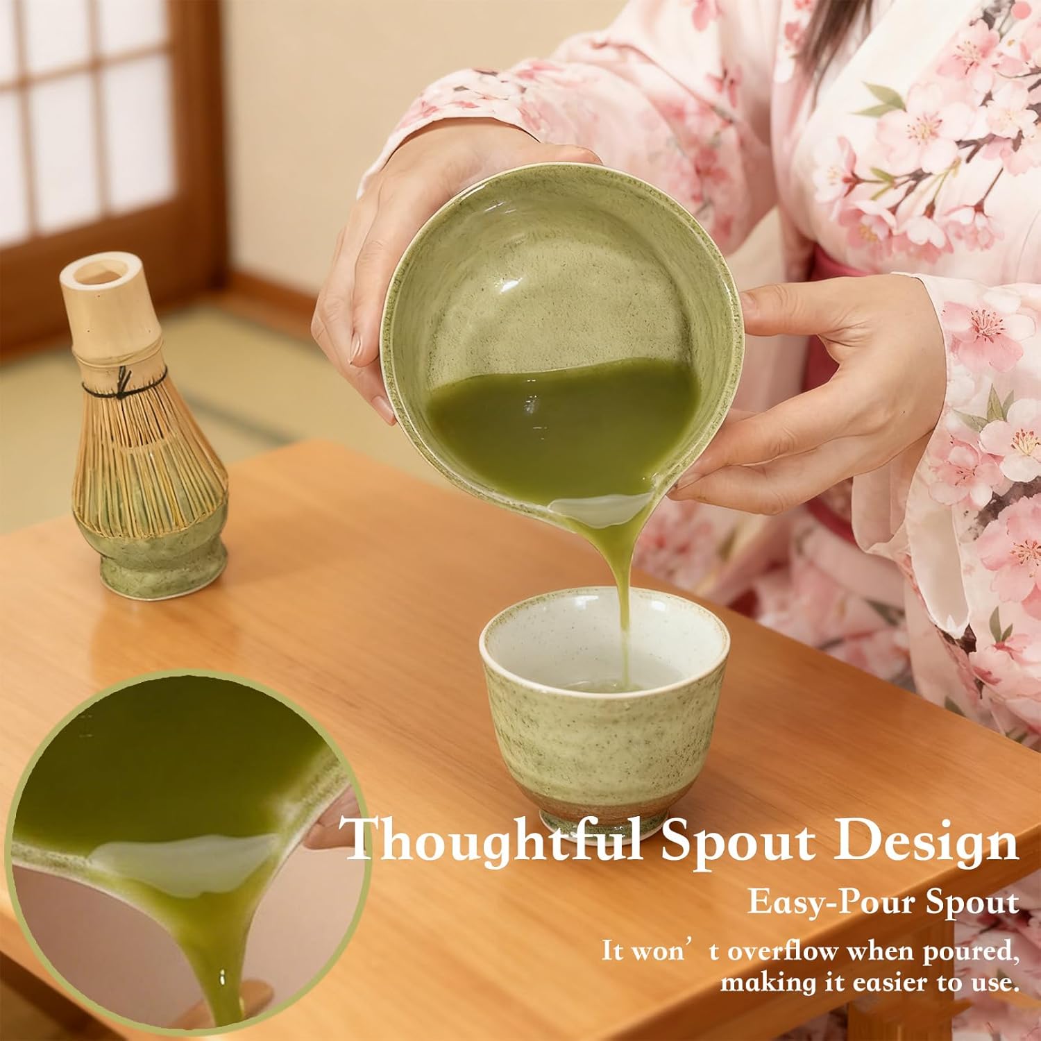 5-PCS Japanese Matcha Tea Set - Ceramic Bowl with Spout & Holder, Bamboo Whisk (Chasen), Scoop, Sifter - Complete Traditional Tea Ceremony Kit for Beginners, Gift for Tea Lovers (Light green)