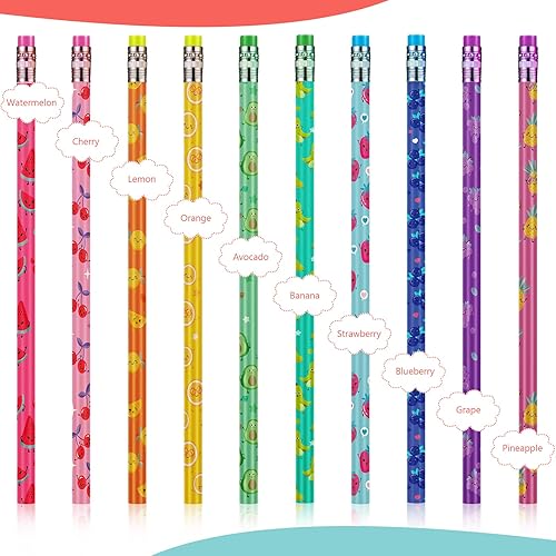 Miniatura 3 de Thenshop 30 lápices perfumados para niños, lápices de grafito HB con aroma a frutas, a granel con 30 adornos de dibujos animados, lindos bolígrafos,