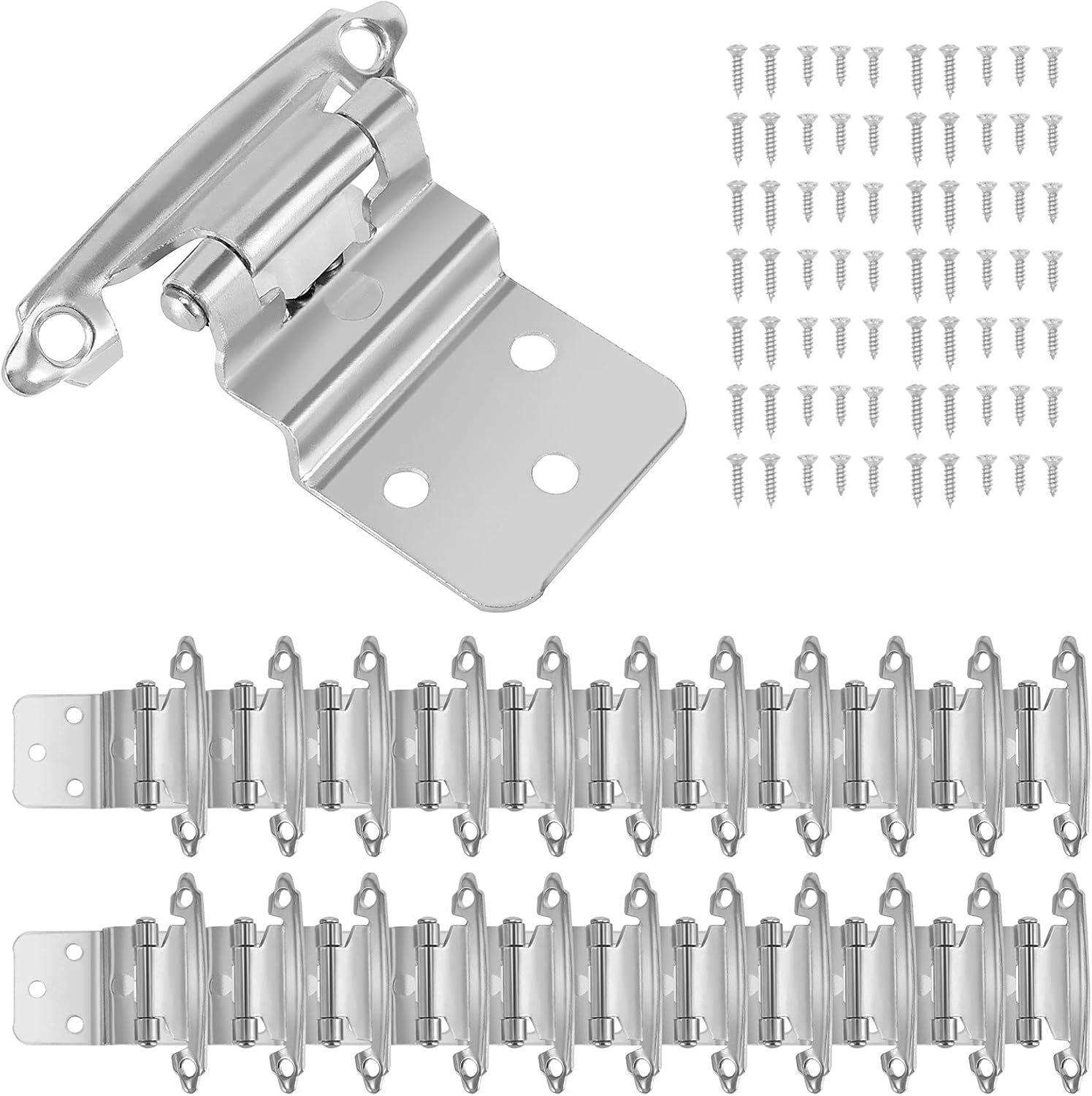 SEUNMUK 40 Pack 3/8 Inch Inset Satin Nickel Cabinet Hinges, Face Mount Self Closing Variable Flush Cabinet Hinges, with 200 Mounting Screws, Silver, Satin Nickel