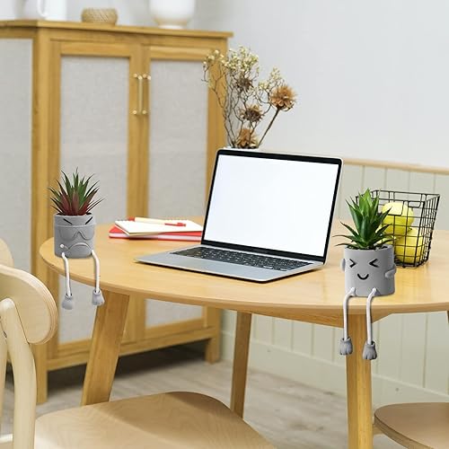 Miniatura 2 de SEMSOIIO 4 plantas suculentas artificiales creativas con macetas grises mini macetas para decoración del hogar