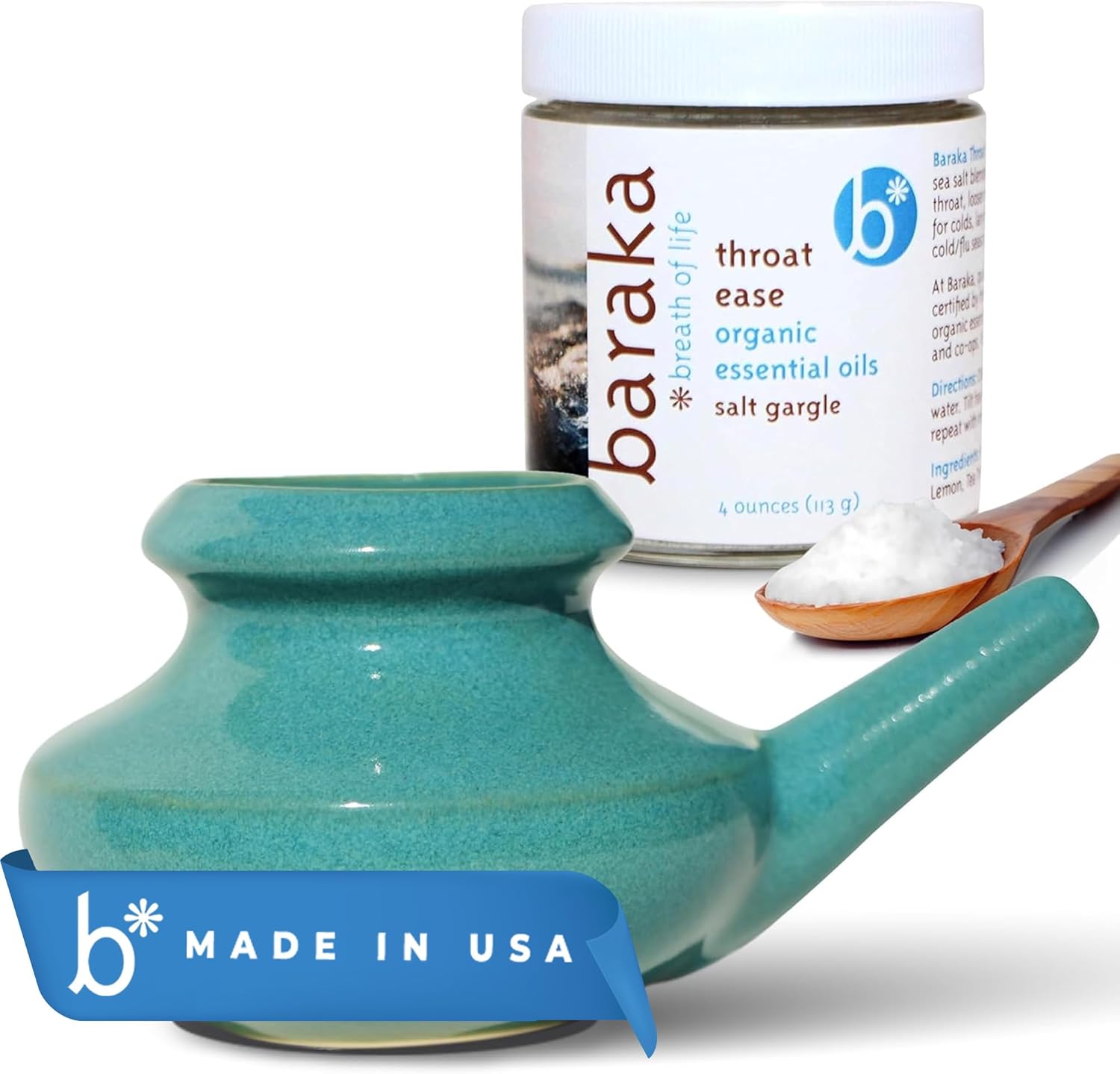 Baraka Handcrafted Ceramic Neti Pot & Infused Sea Salt Bundle - Sinus Tool Kit for Home - Durable, Food Grade, Dishwasher Safe, 10oz Ceramic Pot & 4oz Essential Oil Infused Neti Salt - (Jade)