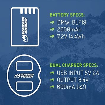 Wasabi Power Battery (2-Pack) and Dual USB Charger for Panasonic DMW-BLF19 and Panasonic Lumix DMC-GH3, DMC-GH4, DC-GH5, DC-GH5S, DC-G9