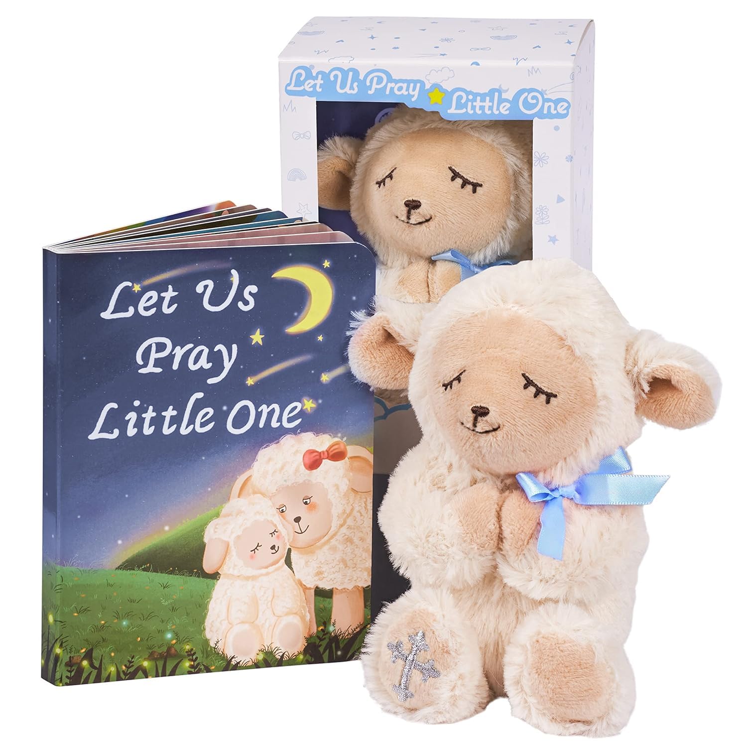 MyMateZoe Baptism Gifts For Boys, Great Christening, Dedication And Baptism Gift Set For Boys And Newborn Baby, Includes 7" Praying Lamb Plush Toy And Let Us Pray Baby Book In Keepsake Gift Box,Blue