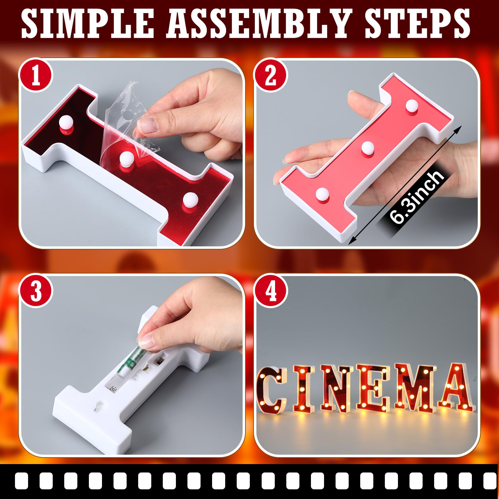 Aurelema Letrero de letras iluminadas para cine, decoración de fiesta, marquesina, letrero iluminado con luces LED del alfabeto, para fiesta nocturna, suministros de decoración de mesa