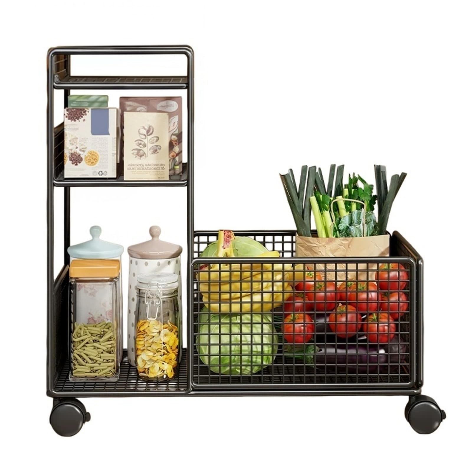 ZYYANSHOP Kitchen Storage Cart Rolling Produce Cart Movable Kitchen Fruit and Vegetable Basket Storage Shelf(Black)
