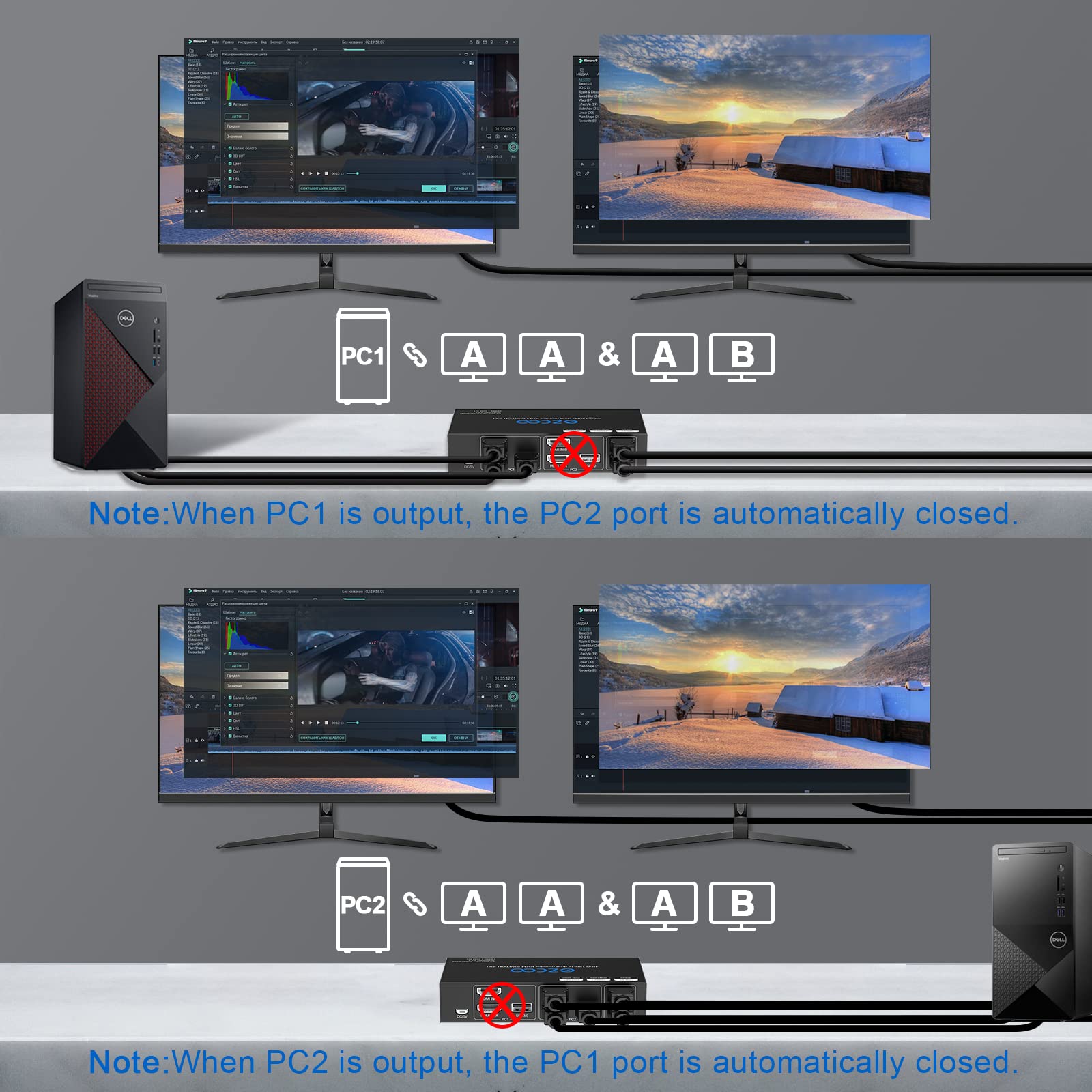 Commutateur KVM HDMI double moniteur 4K 60Hz USB 3.0 2 ports avec raccourci 18 Gbit/s HDCP2.3 2x HDMI écran étendu Partagez 2 PC avec un clavier Mous HDR D-olby Vision VRR IR Télécommande
