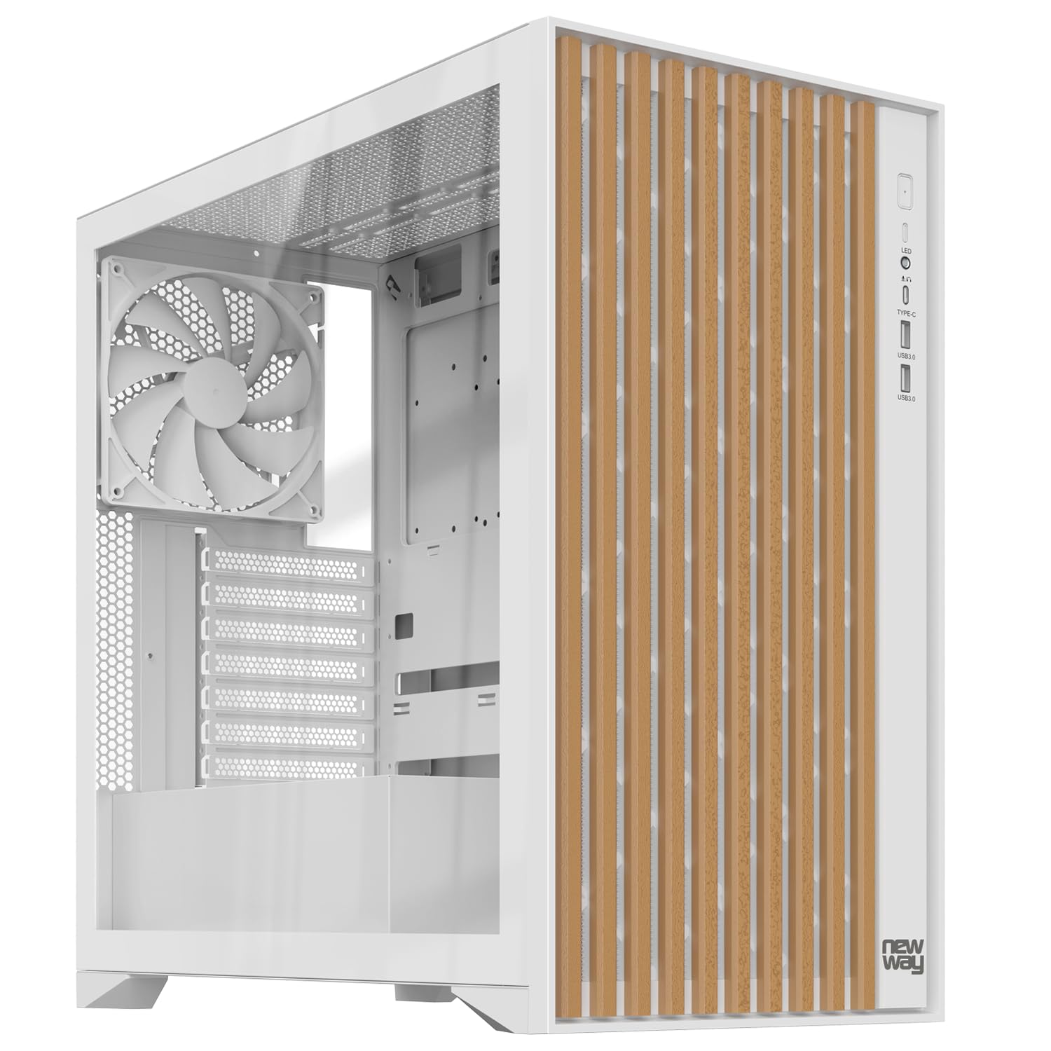 NEWWAY – NW1 – Caja para PC Frontal de Madera – Media Torre Compatible con ATX/Micro-ATX/ITX – Tipo C USB – Ventiladores incluidos 3 x 140 mm PWM – Panel Lateral de Cristal Templado