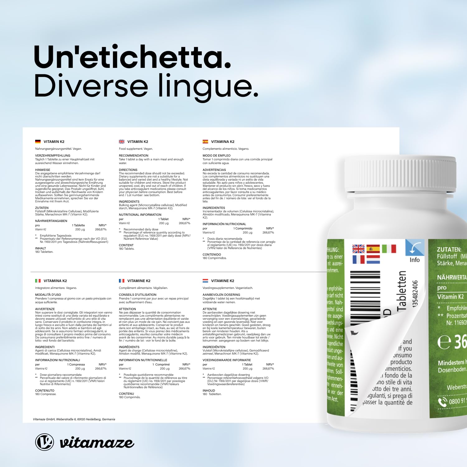 Vitamaze® Vitamina K2 MK-7 200 mcg All Trans 100% Alto Dosaggio Menachinone, 180 Microcompresse Vegan, Qualità Tedesca, Naturale Integratore Alimentare senza Additivi non Necessari
