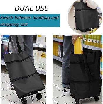 Foldable shopping bag with two rubber folding wheels, made of reusable Oxford cloth, this large-capacity, ultra-lightweight, portable shoulder bag is an essential shopping bag for home use (black)