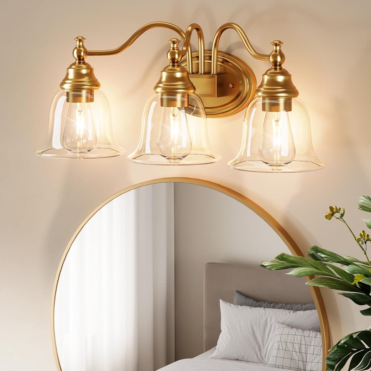 Tribesigns 3-Light Bathroom Light Fixtures, Modern Vanity Light with Clear Glass Shade, Bathroom Wall Lamp for Mirror Living Room Kitchen Hallway Porch, E26 Base, Bulbs Not Included (Gold)