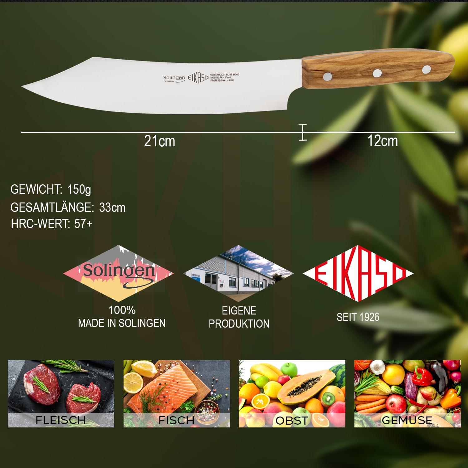 EIKASO Solingen Germany Kochmesser 21cm Klinge Profi Messer - Chefmesser Allzweckmesser mit extra scharfer Klinge aus Molybdänstahl 1.4116 - Küchenmesser Made in Germany