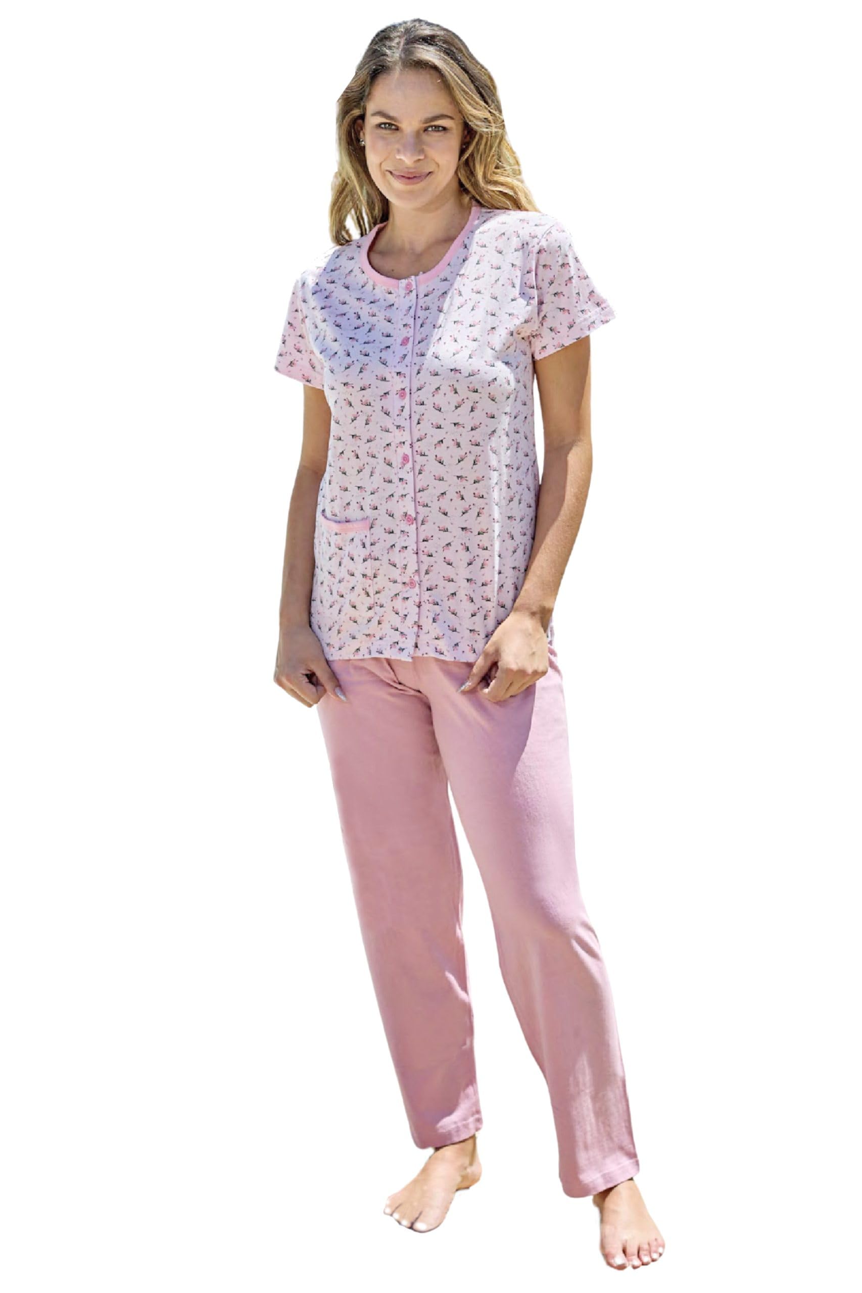 Leo Corsetteria Pigiama Donna Classico Tutto Aperto con Bottoni Tasca Cotone Mezza Manica Pantalone Lungo