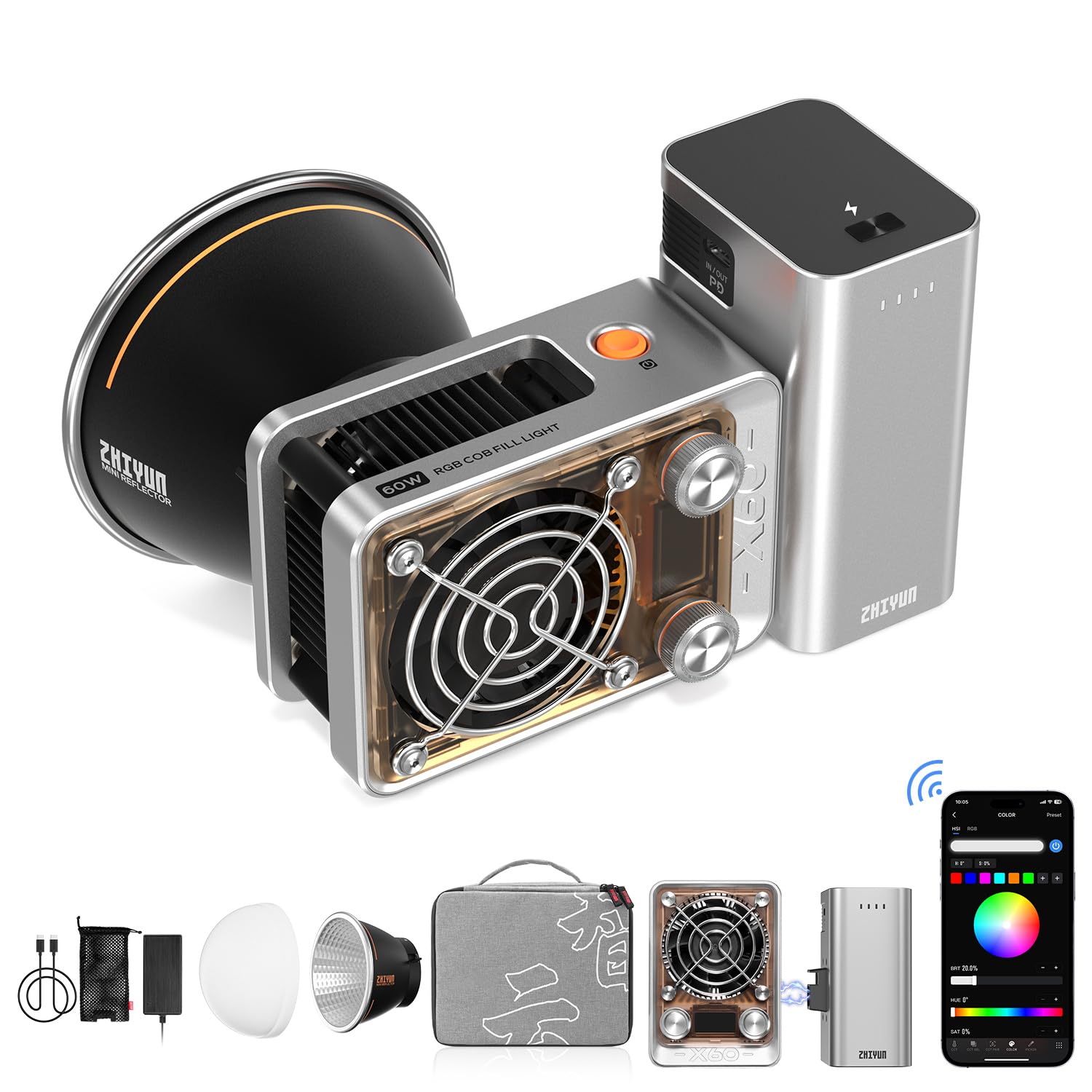 RGB Video Light Molus X60 RGB Combo [Official] 60W with 2550mAh Battery, COB LED Video Light, Video/Photo Camera Light with 2010 Lux/ 2700~6500K/ CRI 95/ TLCI 98/ Bluetooth/ 15 Effects, 319g