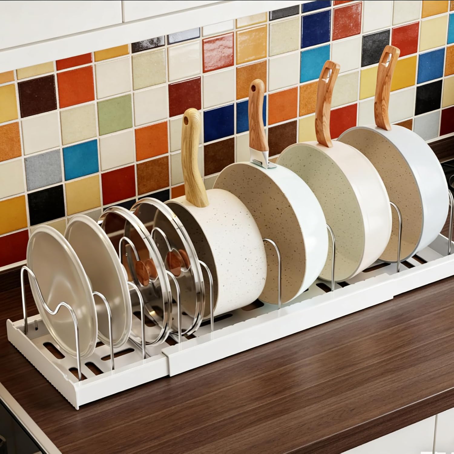 Pot Lid Holder, Lid Holder, Adjustable Pans Organiser, Lid Holder, Kitchen, Expandable Organiser with 9 Adjustable Dividers (White) image 2