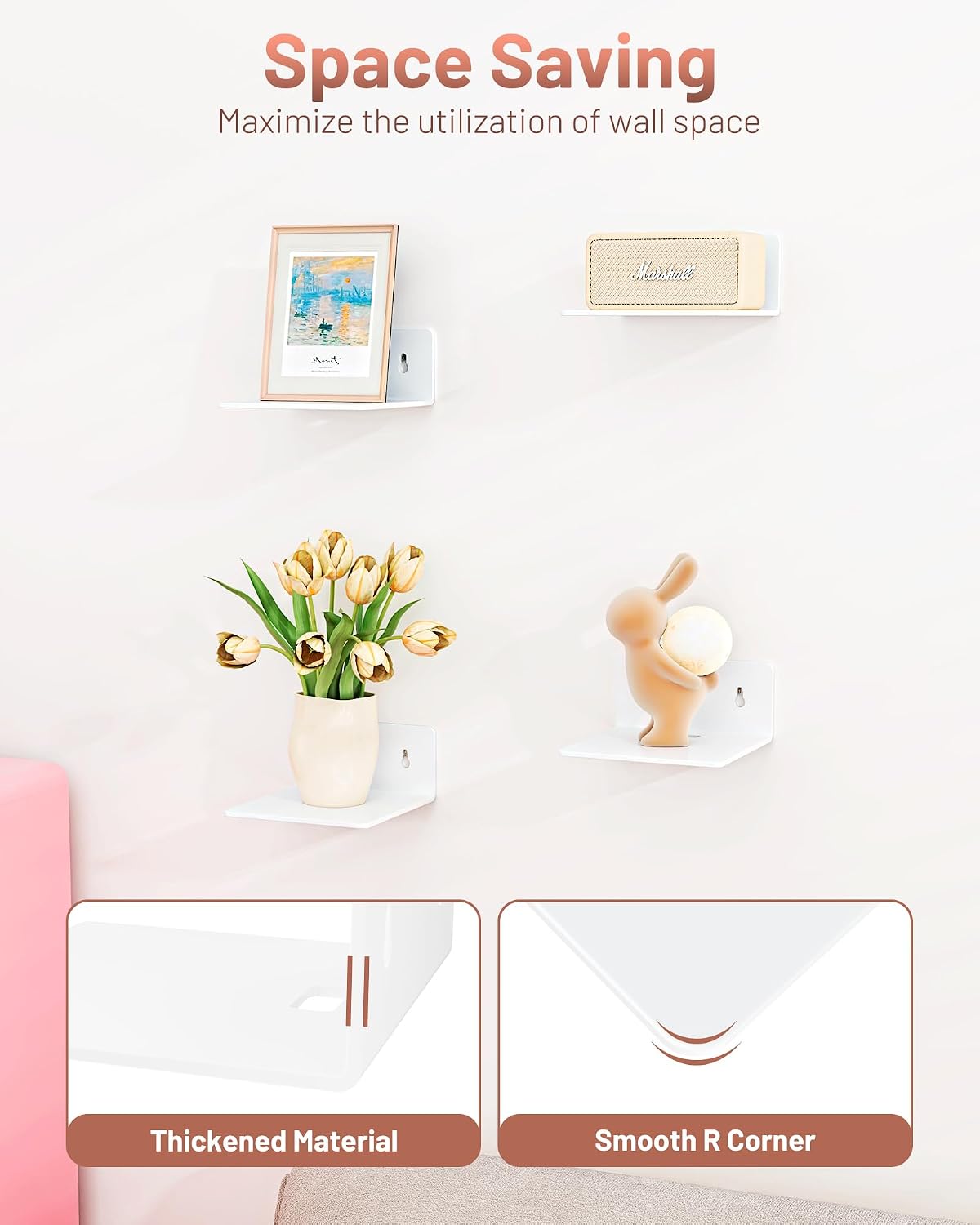 4 Pack Small Wall Shelf - 4" Floating Shelves for Wall Display Ledges for Funko Pop Figures, Plants, Speakers, Durable Plastic Adhesive or Screw Shelves in Bedroom Kitchen Living Room, White image 4
