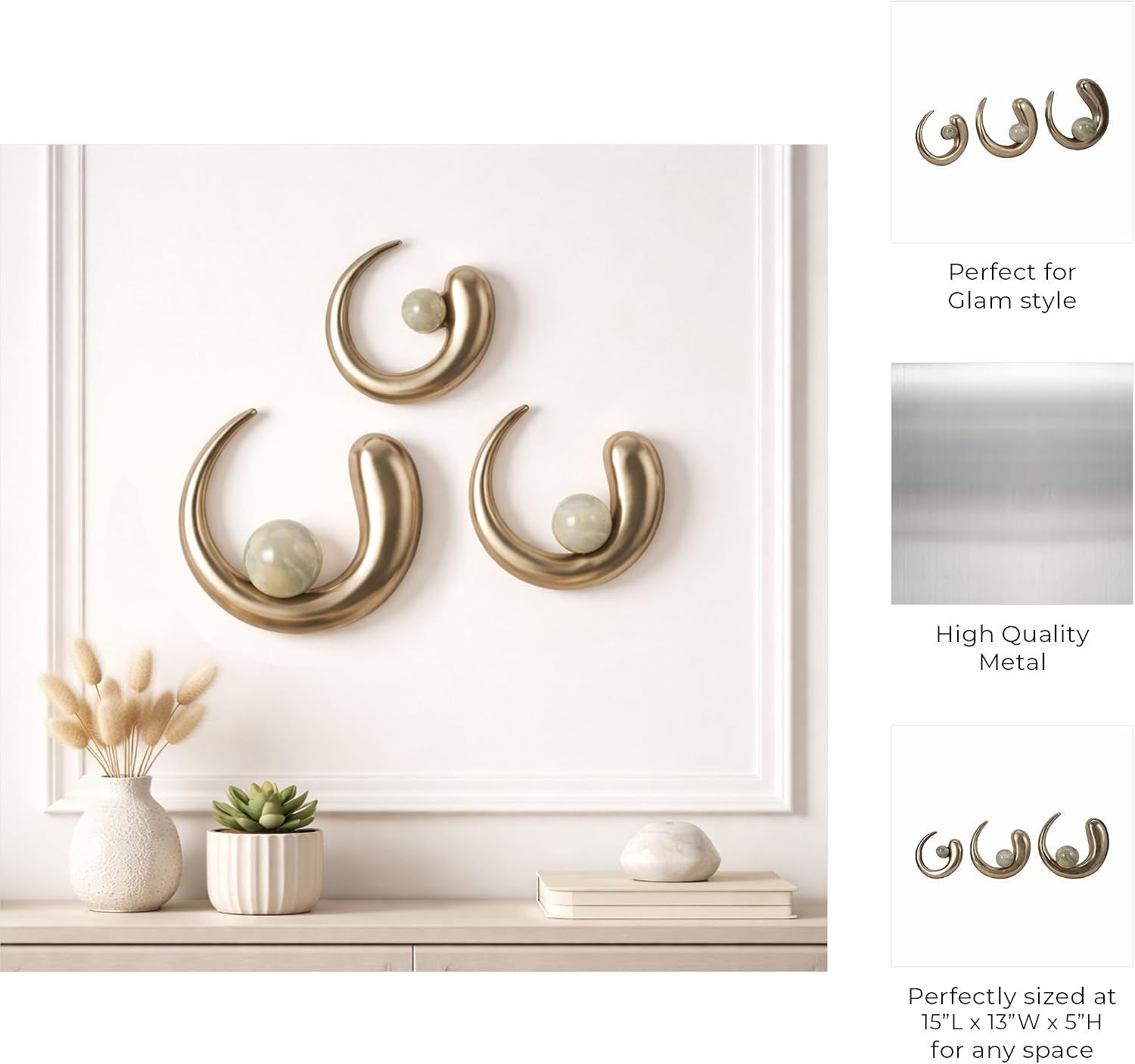 Wall Hanging Ring for Room and Home Decor - Wall Art for Bedroom, Living Room, Dining Room, or Bathroom Art - Hanging Display Accent for Entryway or Hallway - Set of 3, 5", 4", 3", Gold & Metallic