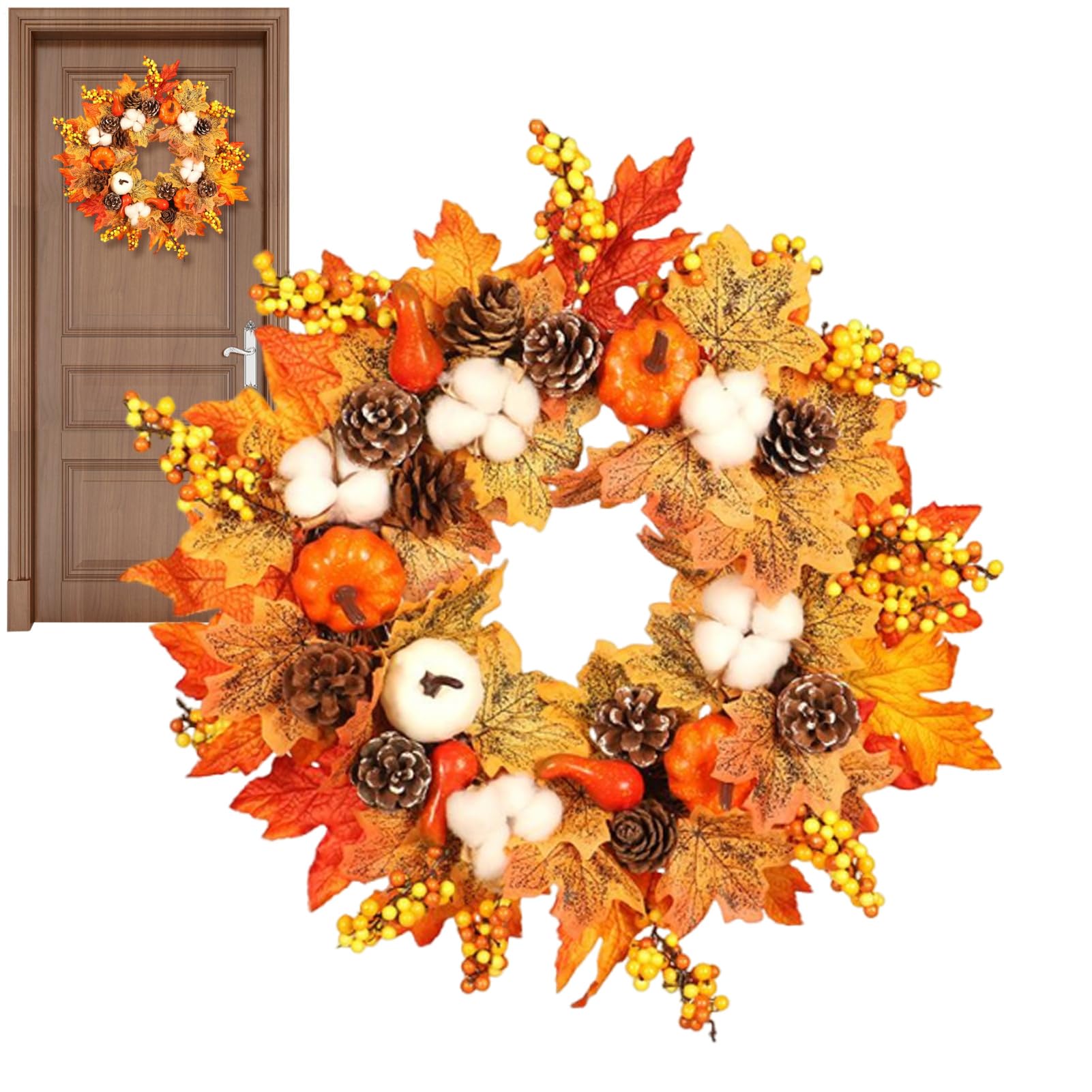 Couronne d'automne de 45 cm avec citrouilles et baies pour décoration de porte