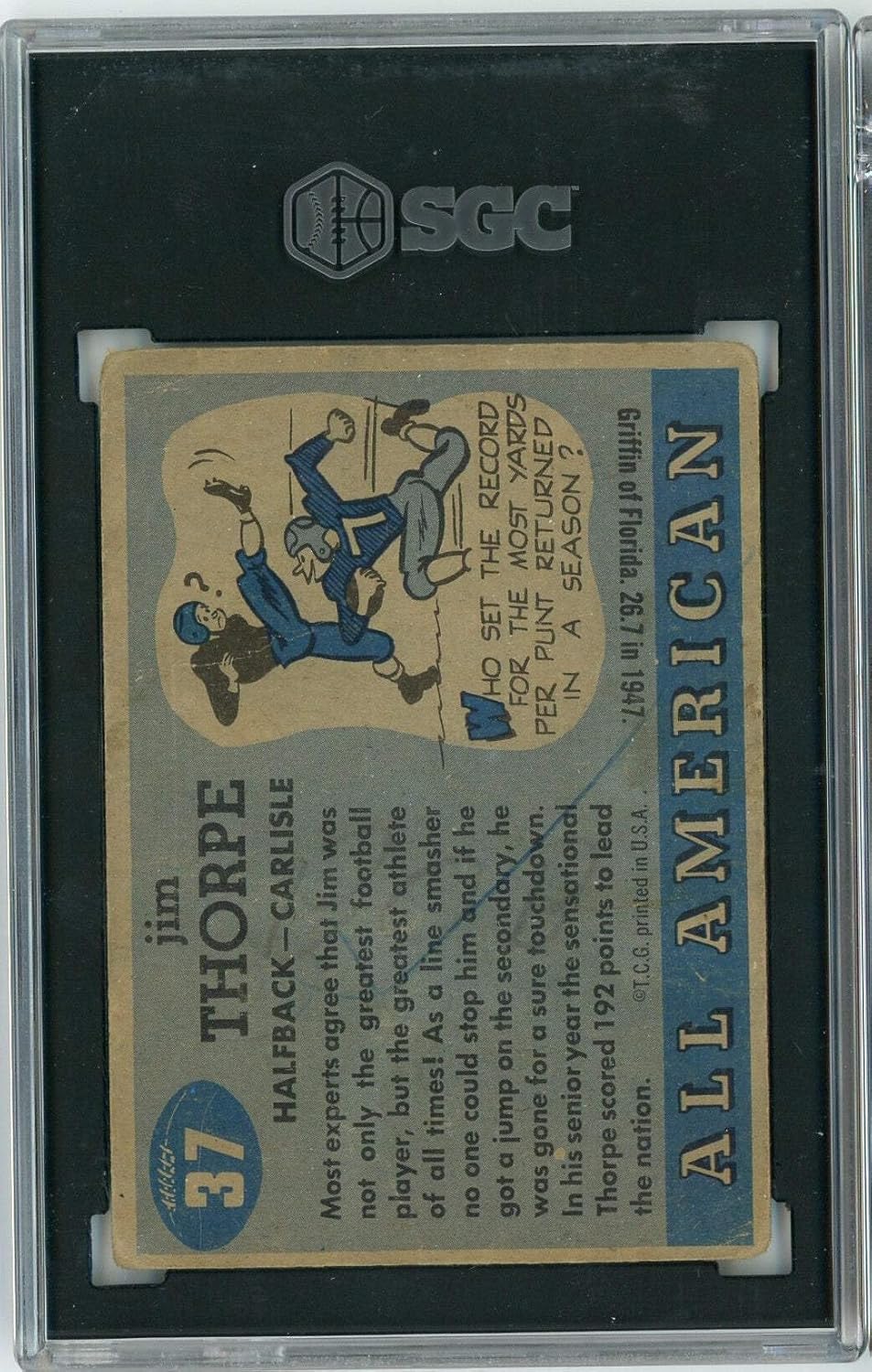 Graded 1955 Topps All American Jim Thorpe #37 Football Card SGC 1