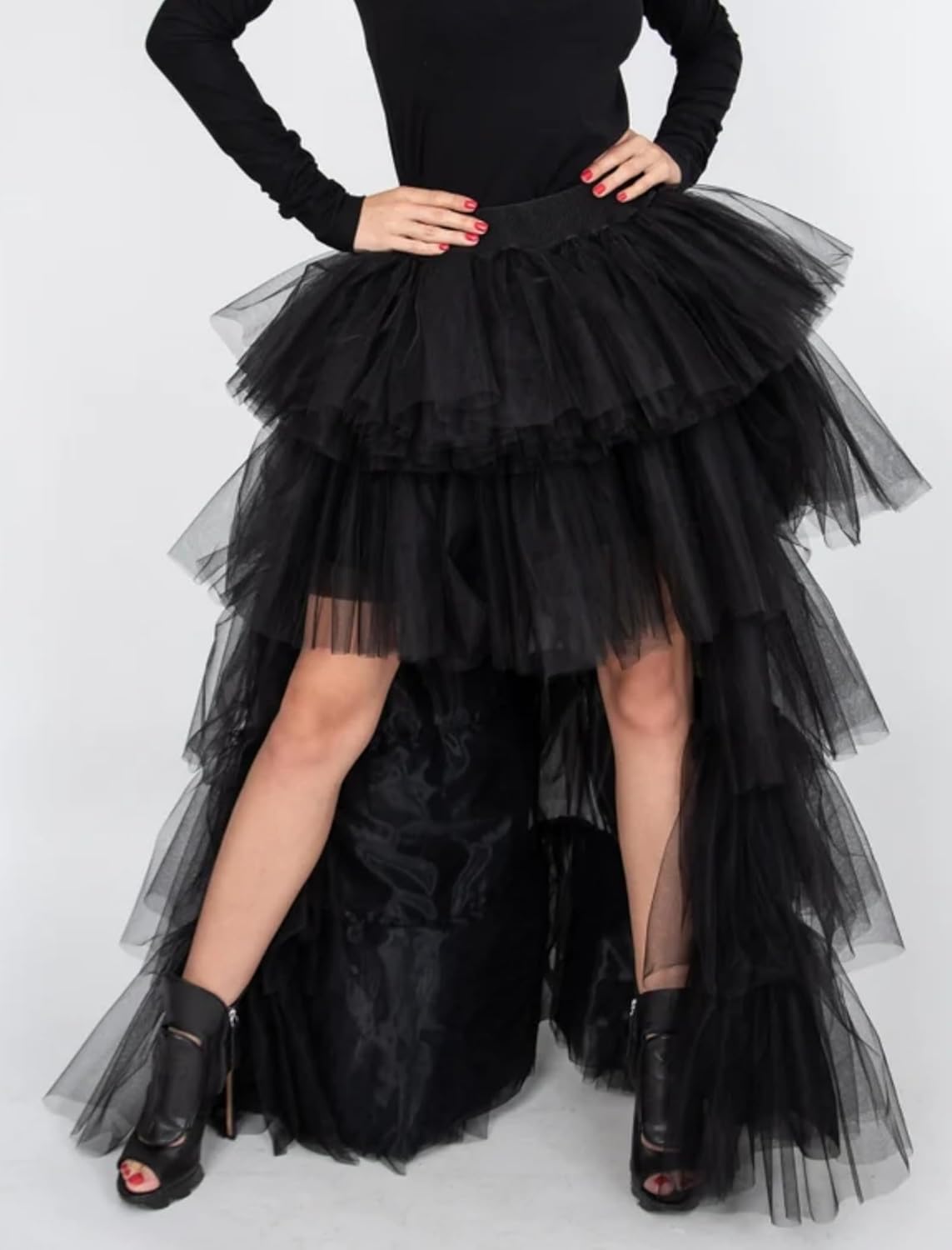 Women's High Low Tutu Skirts Sweet Elastic Waist Tulle Layered Ruffles Mesh Long Tiered Skirt - Image 5
