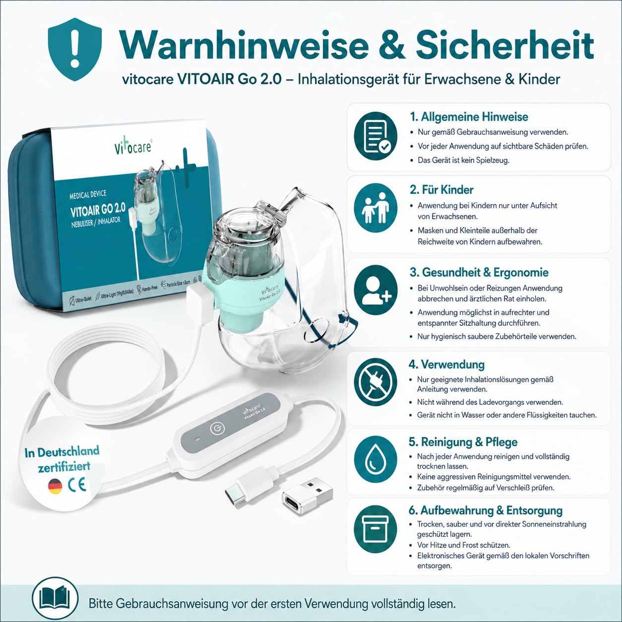 Inhalationsgerät Erwachsene & Kinder – vitocare VITOAIR Go 2.0 unltraleiser Inhalator mit 2 Masken-Größen, USB-C & USB, tragbares Inhaliergerät | Ultraleiser Betrieb, nur 19 g leicht 8 ml Behälterkapazität, sitzend oder liegend nutzbar, Reisebox inklusive