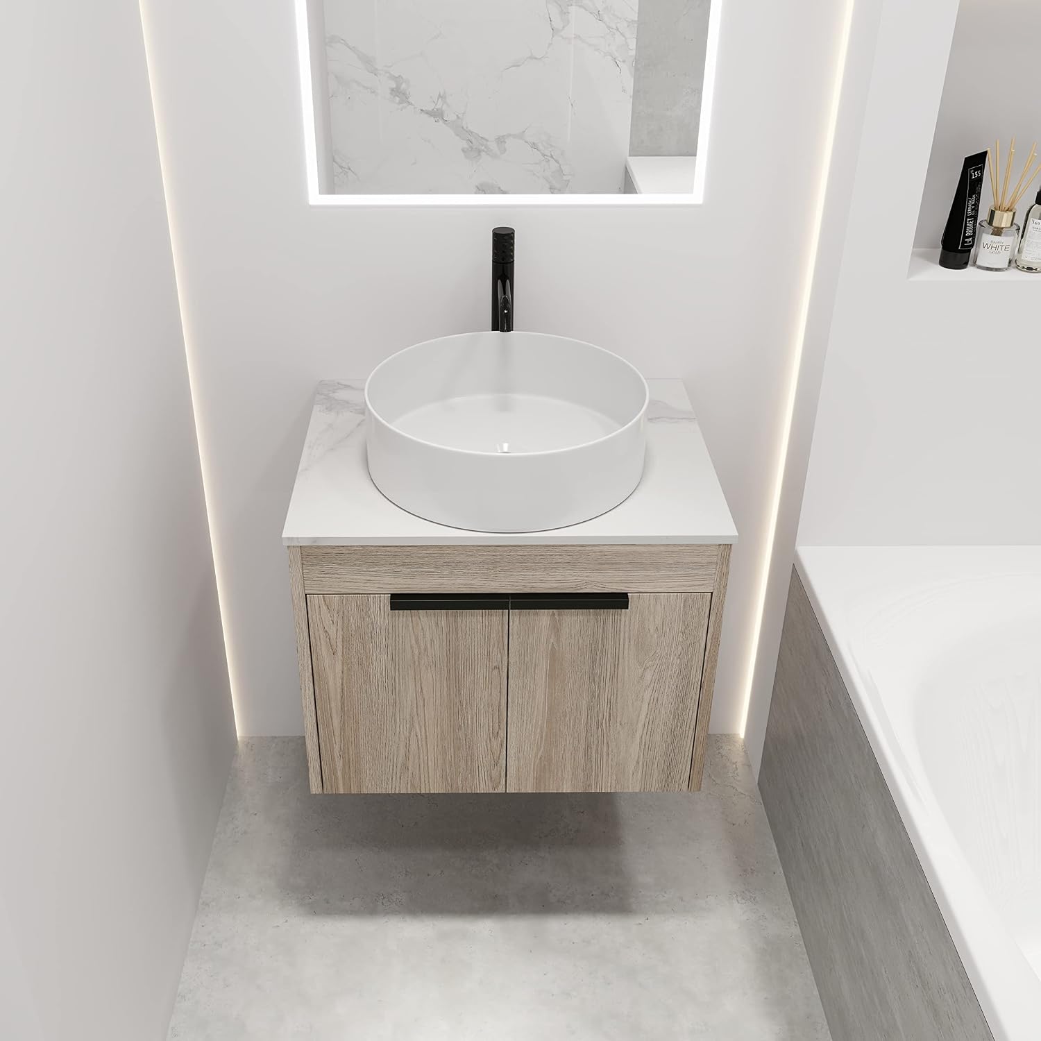 Henf 24" Floating Vanity with Marble Top & Round Ceramic Sink, White Oak Plywood Bathroom Vanity Sink Combo w/2 Doors Storage
