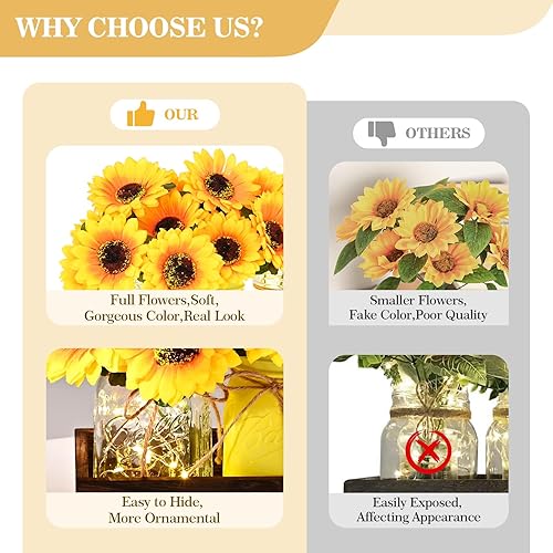 Miniatura 8 de BLEUM CADE Decoración de mesa de centro de mesa, 3 flores artificiales de girasoles en tarros Mason con bandeja de madera para mesa de comedor, mesa