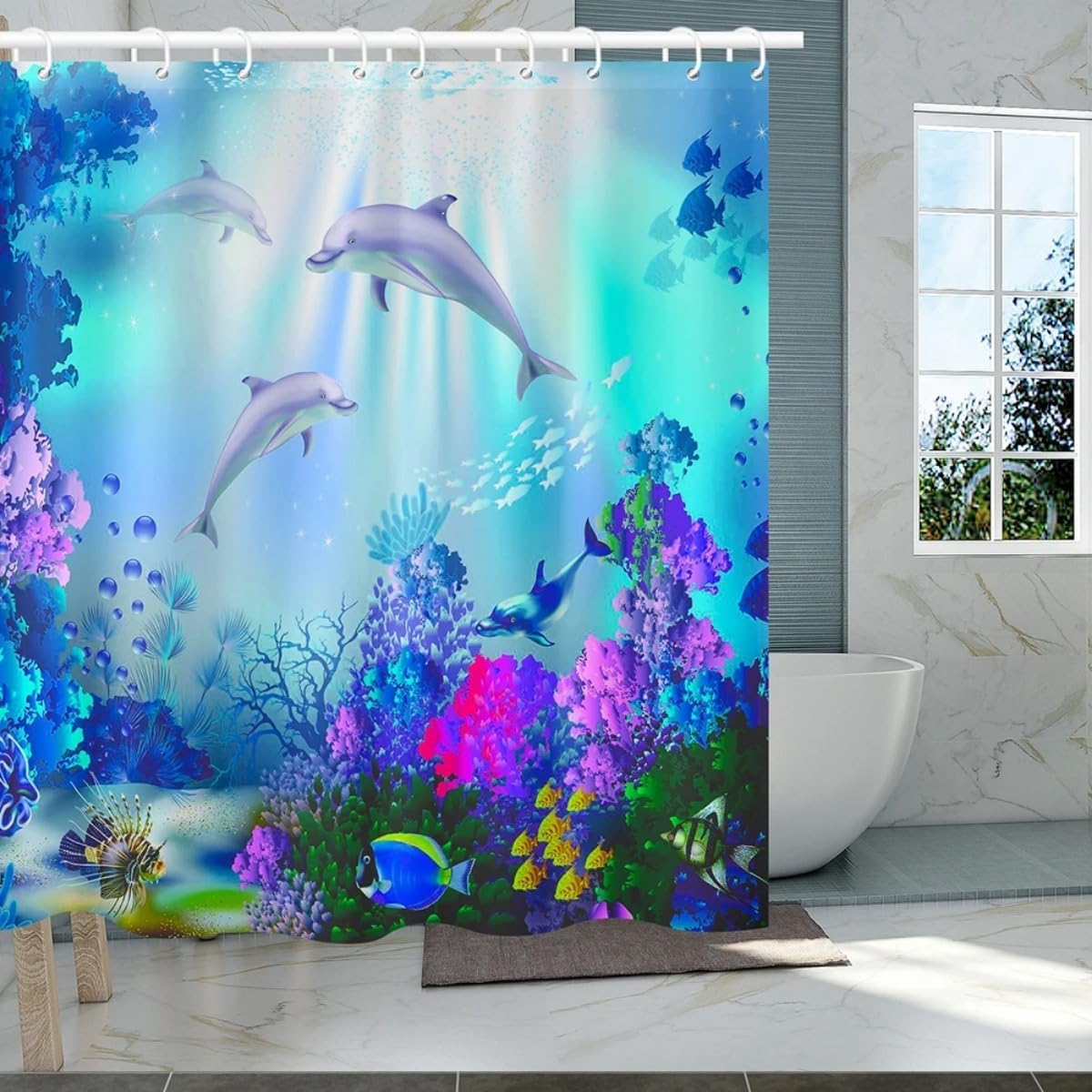 Dolphin Shower Curtain, Blue Underwater World Marine Life, Polyester Fabric, Kids Ocean Theme, 12 Hooks (A, W180xH200cm)