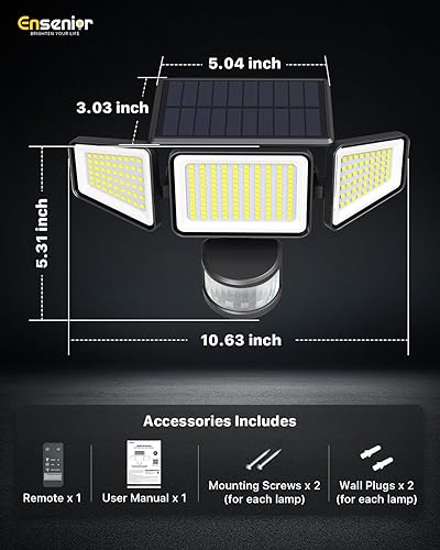 Miniatura 8 de Ensenior Luces solares de movimiento para exteriores, 228 luces LED de seguridad solares con control remoto, IP65 impermeable 3 cabezales con 4