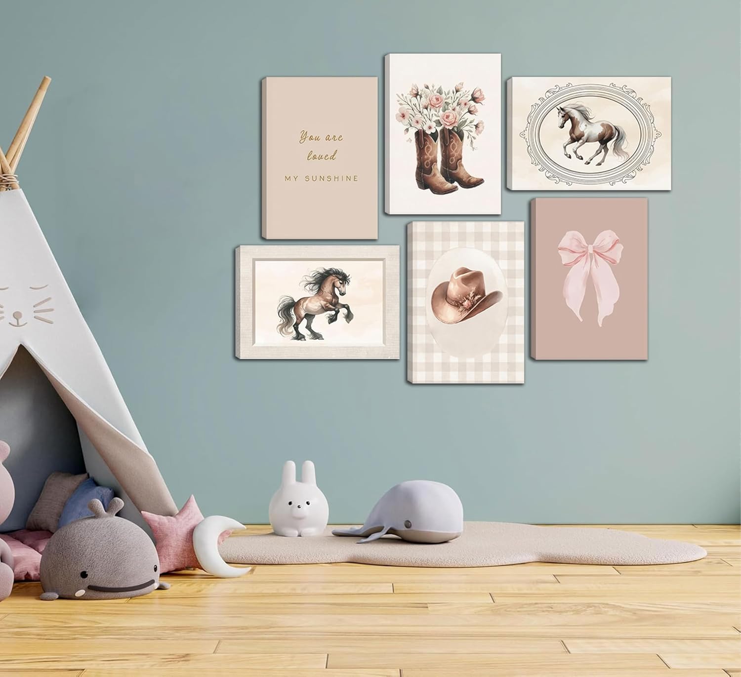 6Pcs Nursery Western Cowboy Canvas Wall Art Pink Floral Boots Wall Decor Watercolor Cowboy Hat Posters Prints Vintage Western Horse Painting Pictures for Girl Kids Room Dorm Decor Framed