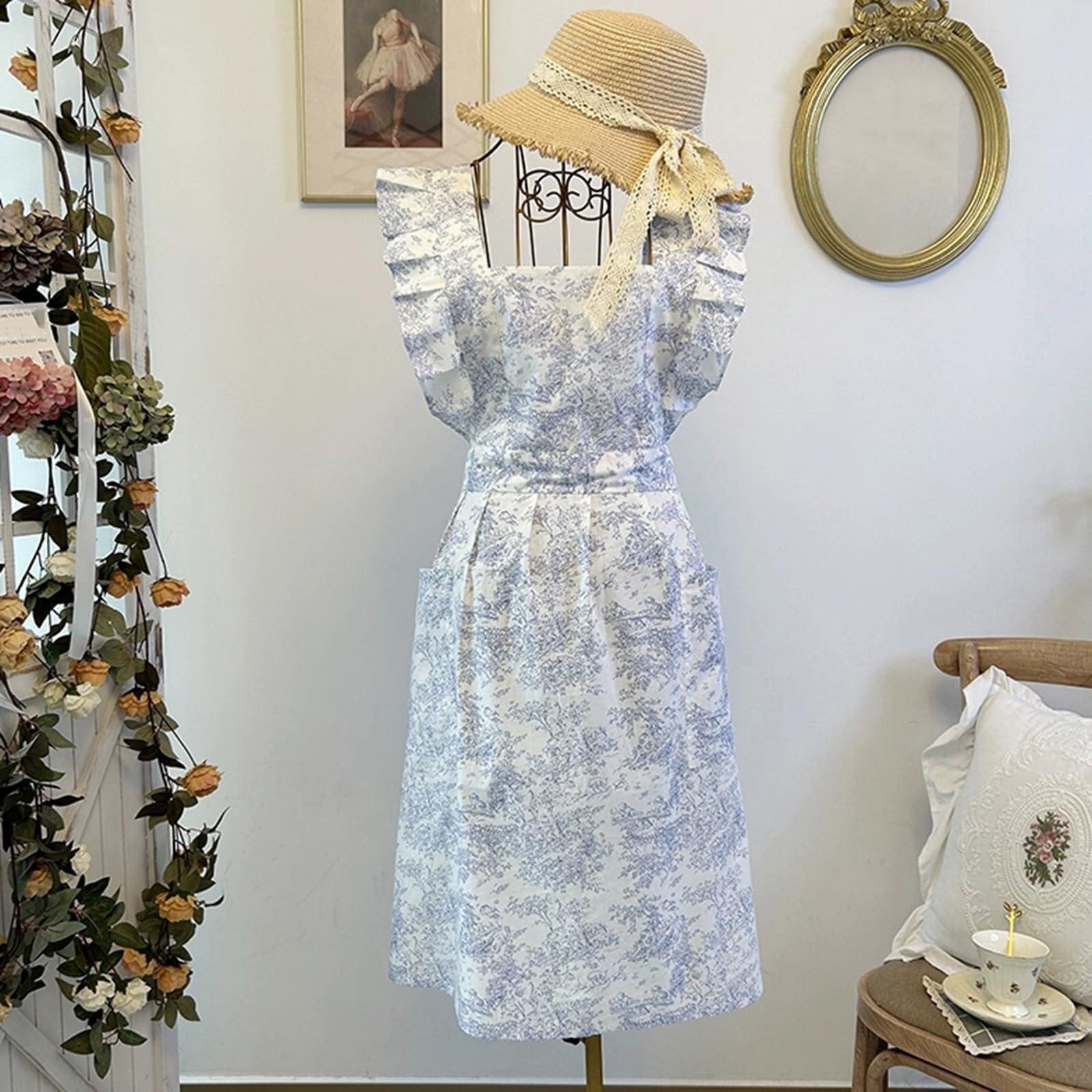 Vintage Fartuchy Damskie, Bawełniany Fartuch Dla Kobiet Z 2 Kieszeniami, Do Codziennego GotowaniaBlue,One Size