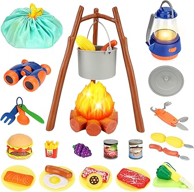 REZUCREY Kids Camping Toys Set, Pretend Play with Campfire, Pretend Cutting Food for Play Kitchen Camping Gear for Kitchen Indoor Outdoor Camping Toys for Kids Toddlers Boys Age 3 4 5 6 7 8+
