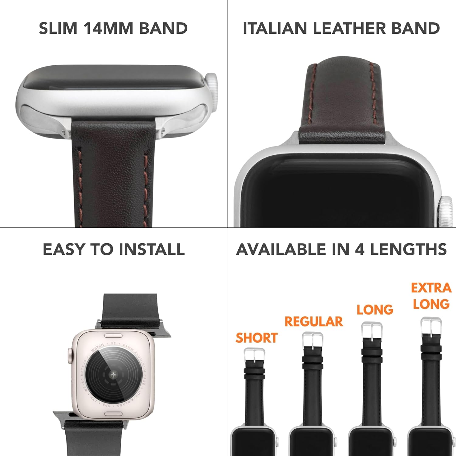Bandini Slim Leather Band for Apple Watch Band for Women - Womens Leather iWatch Strap For Apple Watch 46mm 45 44 42 41 40 38 49, Ultra 3 2 1, SE1-SE3, Series 1 to 11, Short, Regular, Long, Extra Long