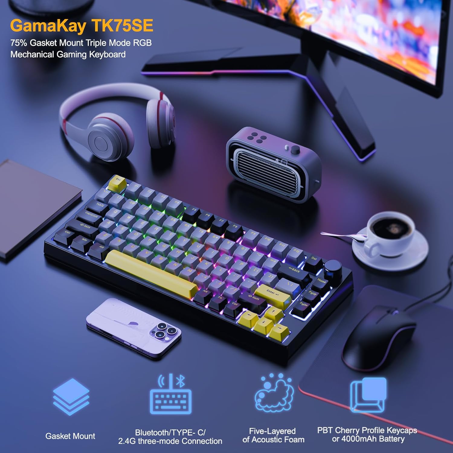 GK GAMAKAY TK75 SE 75% Mechanical Keyboard with Knob Control, Hot Swap RGB Bluetooth 5.0/2.4GHz Wireless/USB-C Wired PBT Cherry Profile Keycaps Silent Gaming Keyboard (Black-Outemu Yellow Switch)