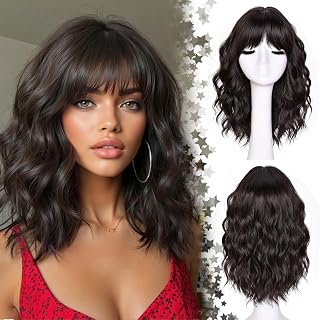 Curlcrazy Short Wavy Wig with Bangs Dark Brown - Natural Synthetic Curly Bob for Women, Daily Party Cosplay