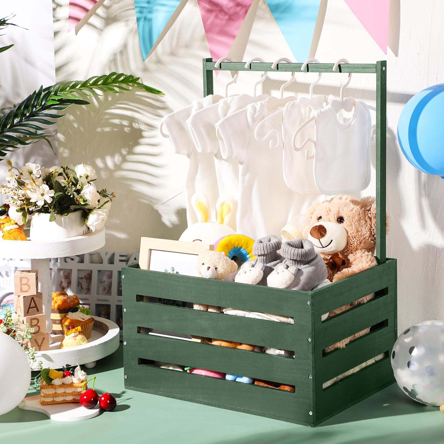 Suzile Wooden Baby Shower Crate Closet Wood Basket for Gifts with Handle Boy Girl Clothes Gender Reveal Storage Box for Newborn New Parent(Sage Green)