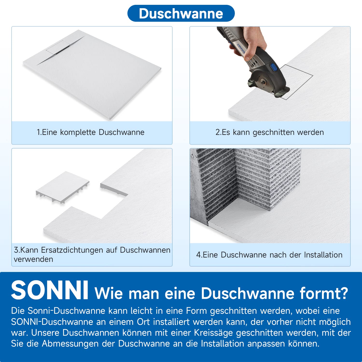 SONNI Brodzik prysznicowy 140 x 90 cm, biały, 32 mm, płaski brodzik o wyglądzie łupka, antypoślizgowa struktura, w zestawie syfon