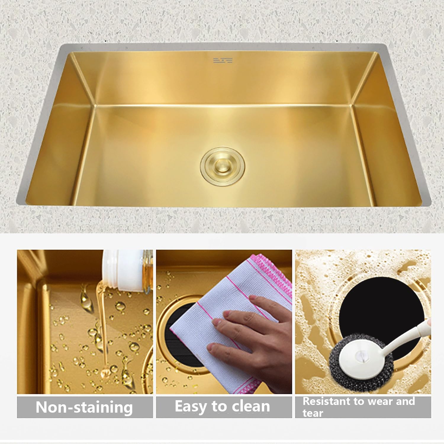 Lavello da cucina in oro Lavandino in Acciaio Inox Vasca Unica Lavabo da Cucina Incasso al mobile Lavandino Commerciale Con miscelatore Cestello di scarico for cucine,balconi,bar(60*40cm(23.6"*15.7"))