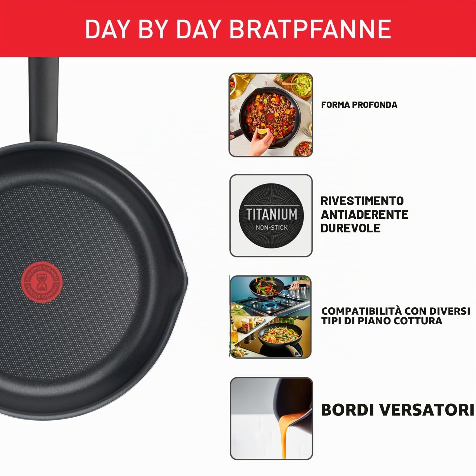 Tefal B56490 Set di padelle Day By Day On da 3 pezzi 20/24/28 cm | Pentole antiaderenti | Rivestimento antiaderente in titanio ad alte prestazioni | Nero [Non adatto all'induzione]