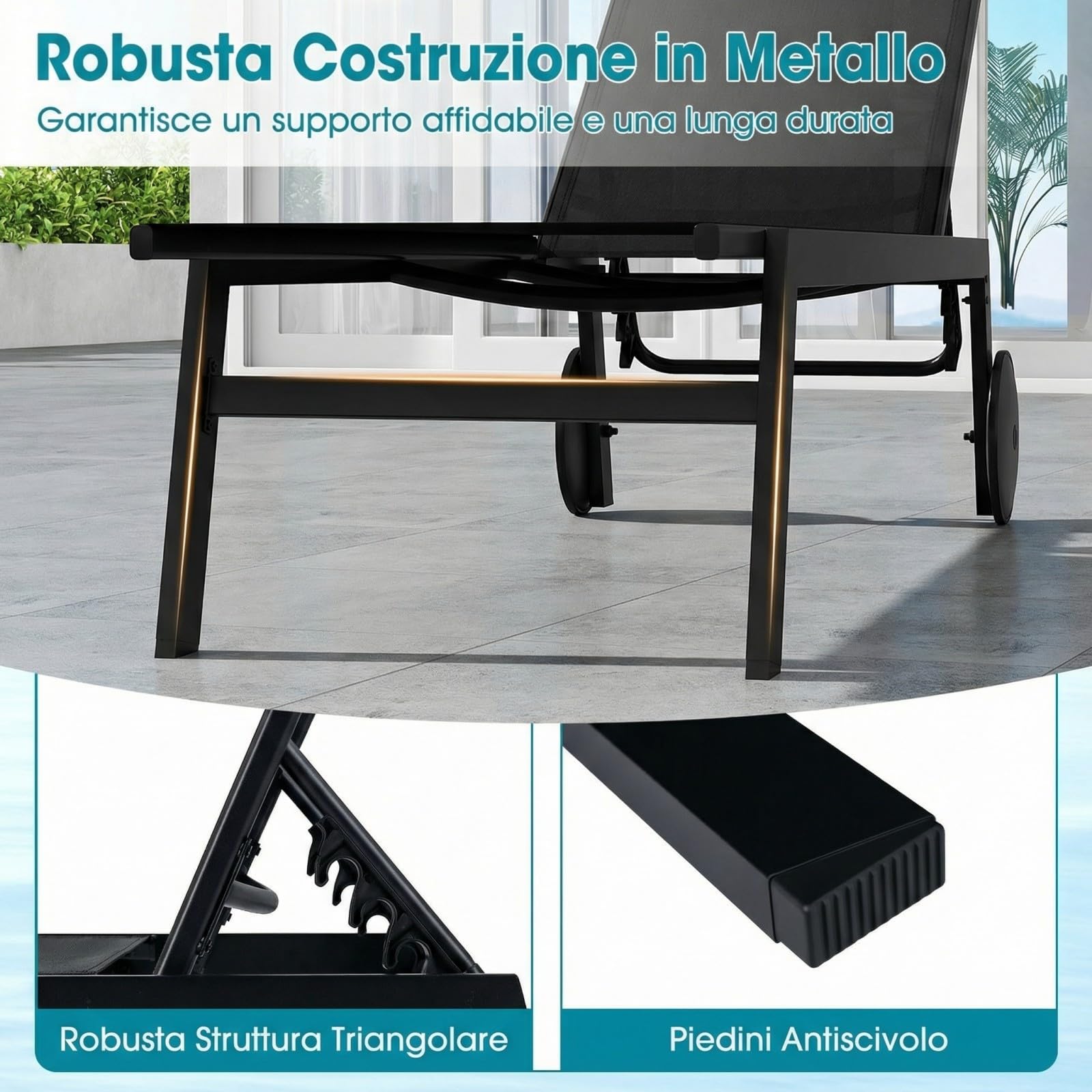 COSTWAY Lettino Prendisole da Giardino, Sdraio da Patio con Schienale Regolabile a 6 Posizioni, Tessuto Traspirante, 2 Ruote, per Piscina, Terrazza e Giardino, Portata 150 kg (Nero,1)