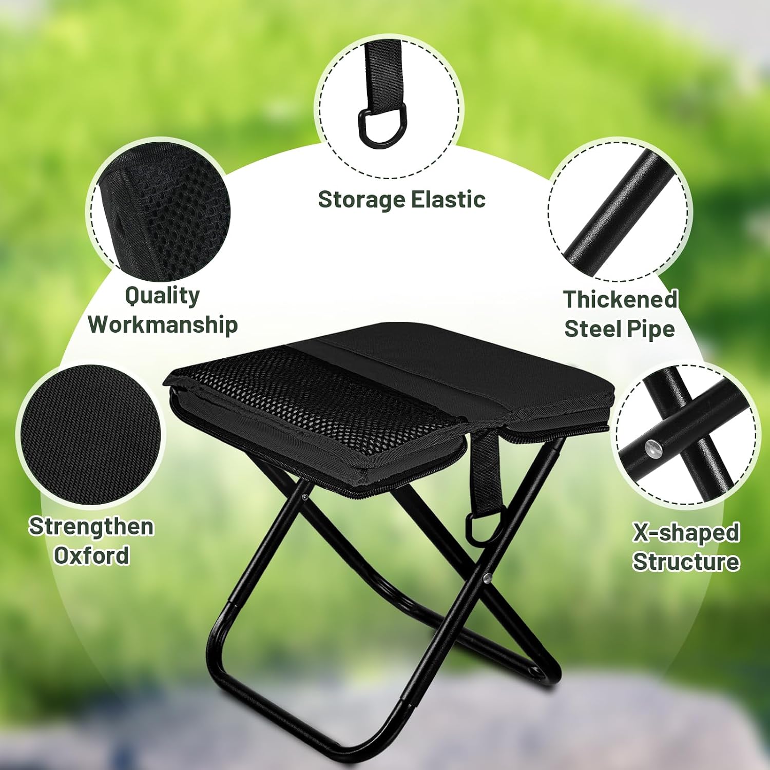 Ultra-Thin Portable Folding Stool - 1.97" Slim Fold, 0.99LB Lightweight, 200LB Capacity Camping Chair for Adults, Compact Collapsible Seat for Outdoor Fishing, Hiking, Events & Queue（Black）