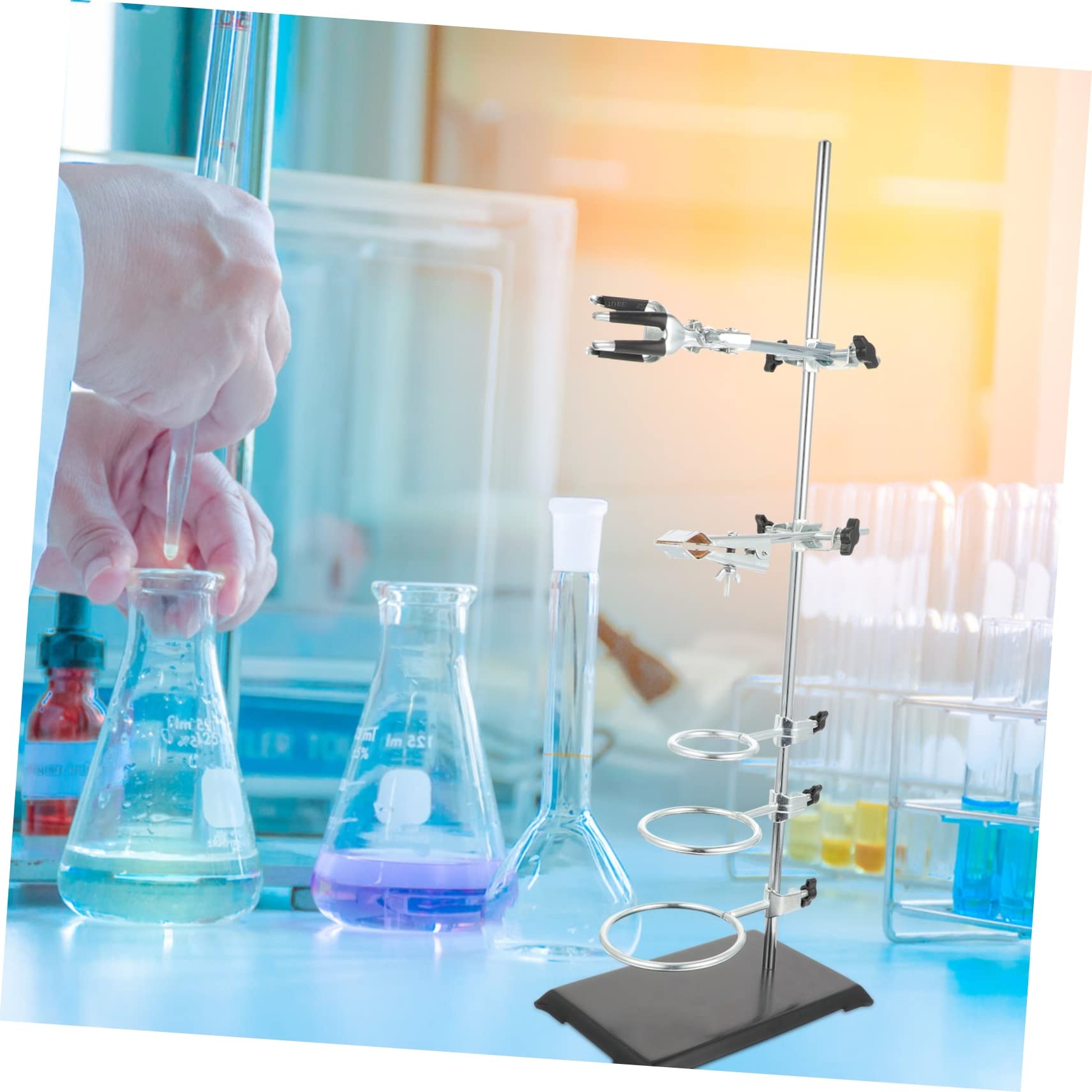 60cm Laborstativ aus Eisen mit 6 Halterungen, Silber | Stabiler Fuß, Platzsparende Aufbewahrung, für Chemie und Laborarbeiten